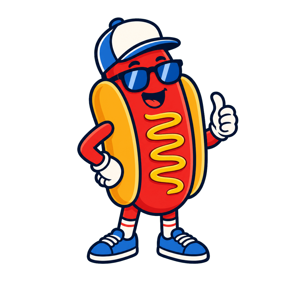 Mascote do Dogão do Lalo: hot dog de óculos escuros e boné fazendo joia